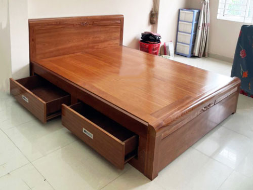 Giường gỗ xoan đào có ngăn kéo