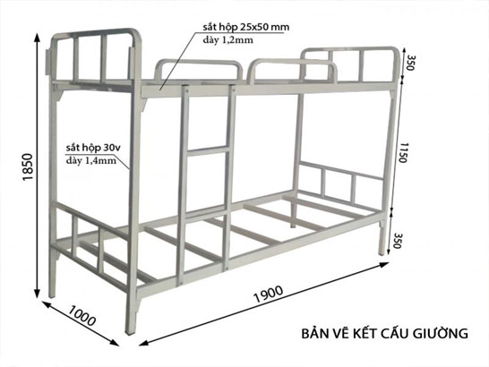 Kích thước giường tầng bằng sắt tiêu chuẩn bao nhiêu?